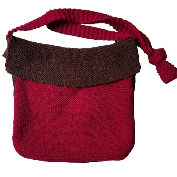 Hand Knitted Handbags - Hand Knit Crossbody Bag Brown Burgundy Boho Slouchy Women’s Purse Festival